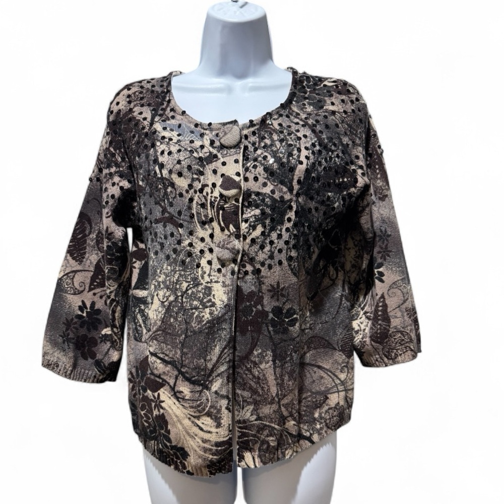 Multiples Size M Brown Floral Sequin Button Blouse Boho Cottagecore